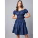 Generic Women's Denim Solid Off-Shoulder Short Sleeve Dress (Blue) Generic Women's Denim Solid Off-Shoulder Short Sleeve Dress (Blue)