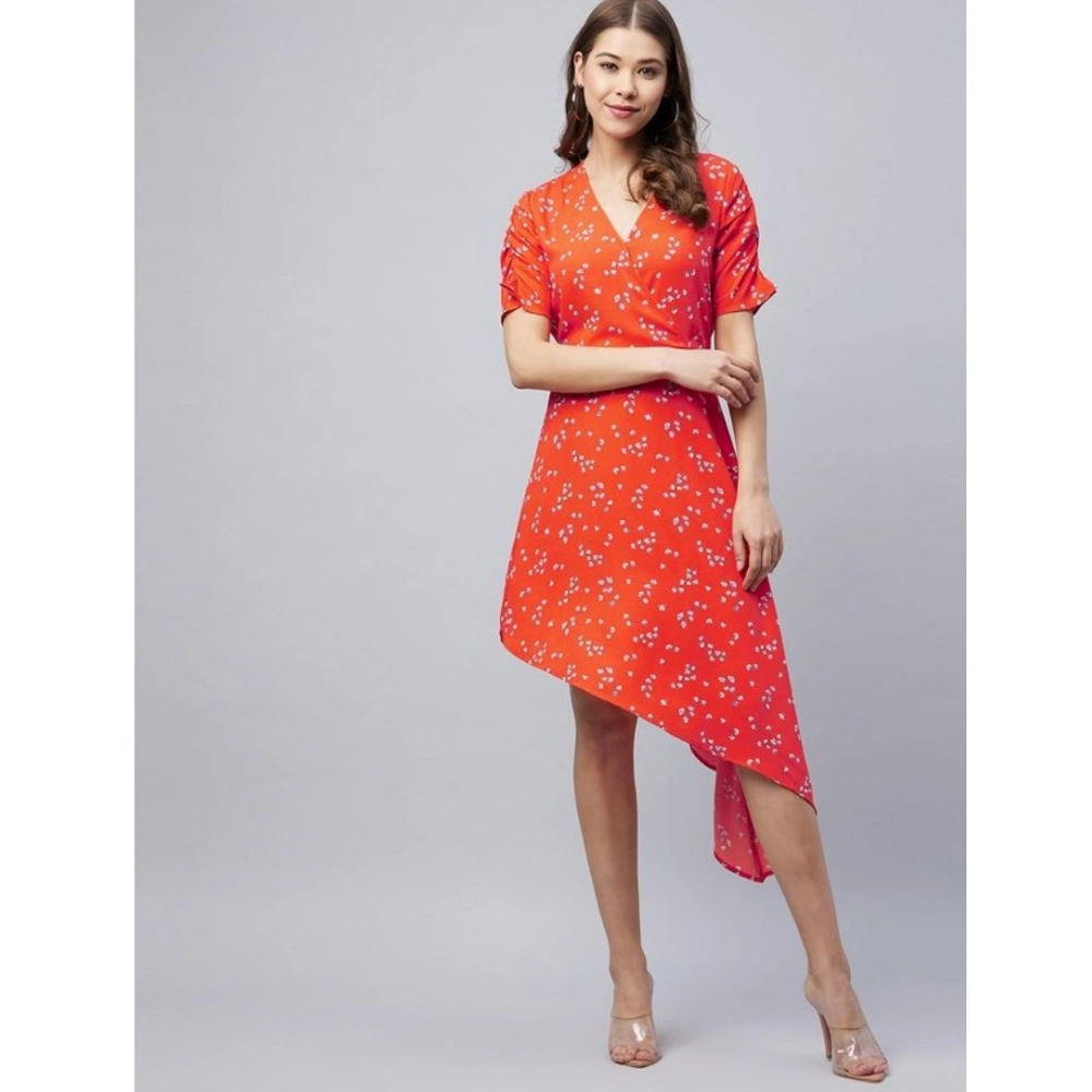 Generic Women's Polyester Floral V-Neck Short Sleeve Dress (Orange) Generic Women's Polyester Floral V-Neck Short Sleeve Dress (Orange)