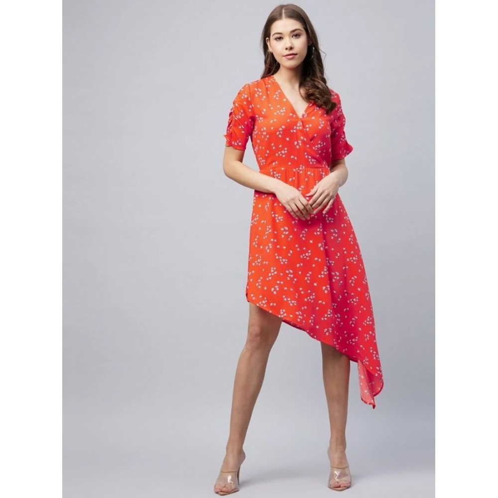 Generic Women's Polyester Floral V-Neck Short Sleeve Dress (Orange) Generic Women's Polyester Floral V-Neck Short Sleeve Dress (Orange)
