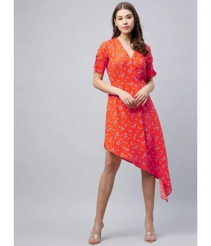 Generic Women's Polyester Floral V-Neck Short Sleeve Dress (Orange)