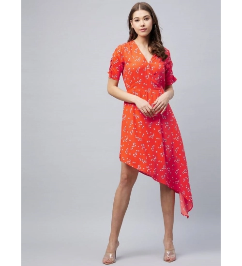 Generic Women's Polyester Floral V-Neck Short Sleeve Dress (Orange)