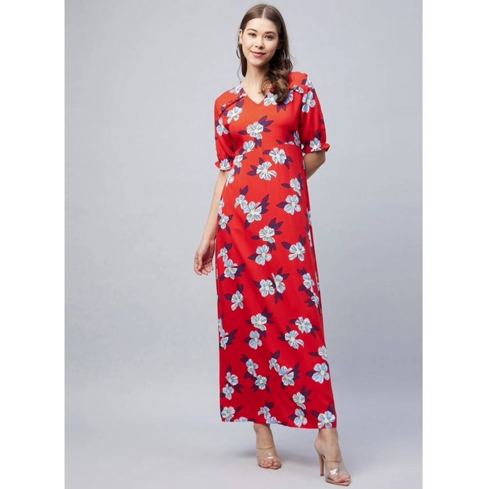 Generic Women's Cotton Blend Floral V-Neck Half Sleeve Dress (Blue-Red) Generic Women's Cotton Blend Floral V-Neck Half Sleeve Dress (Blue-Red)
