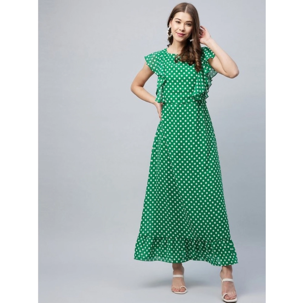 Generic Women's Polyester Polka Close Neck Flutter Dress (Green) Generic Women's Polyester Polka Close Neck Flutter Dress (Green)