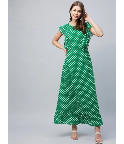 Generic Women's Polyester Polka Close Neck Flutter Dress (Green)