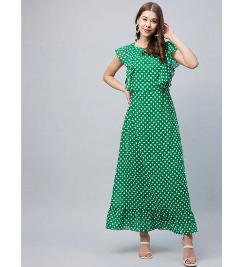 Generic Women's Polyester Polka Close Neck Flutter Dress (Green)