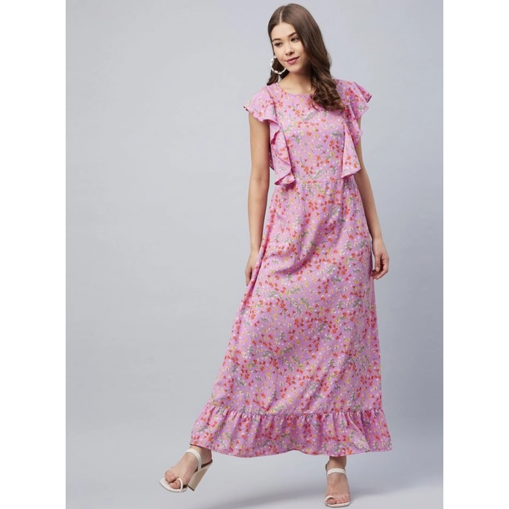 Generic Women's Polyester Floral Round Neck Flutter Dress (Lavender) Generic Women's Polyester Floral Round Neck Flutter Dress (Lavender)