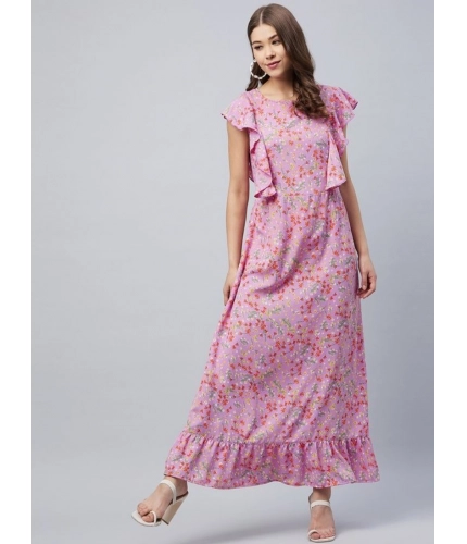Generic Women's Polyester Floral Round Neck Flutter Dress (Lavender)