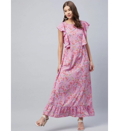 Generic Women's Polyester Floral Round Neck Flutter Dress (Lavender)