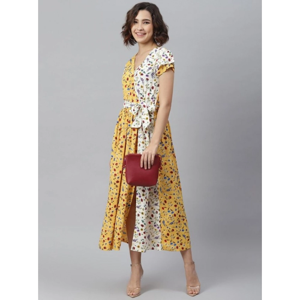 Generic Women's Polyester Floral V-Neck Short Sleeve Dress (Yellow-White) Generic Women's Polyester Floral V-Neck Short Sleeve Dress (Yellow-White)