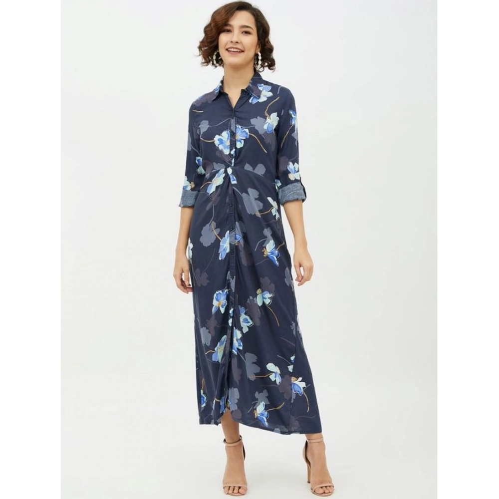 Generic Women's Rayon Floral Collar Neck Long Sleeves Dress (Blue) Generic Women's Rayon Floral Collar Neck Long Sleeves Dress (Blue)