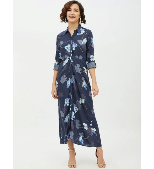 Generic Women's Rayon Floral Collar Neck Long Sleeves Dress (Blue)