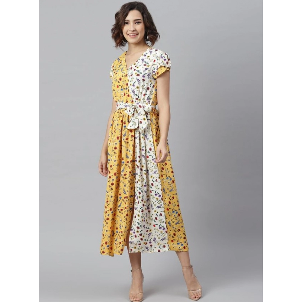 Generic Women's Polyester Floral V-Neck Short Sleeve Dress (Yellow-White) Generic Women's Polyester Floral V-Neck Short Sleeve Dress (Yellow-White)