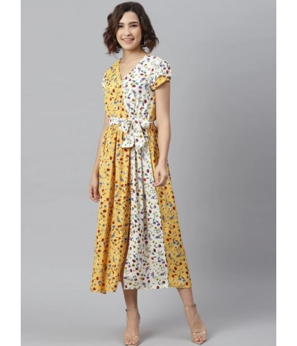 Generic Women's Polyester Floral V-Neck Short Sleeve Dress (Yellow-White)