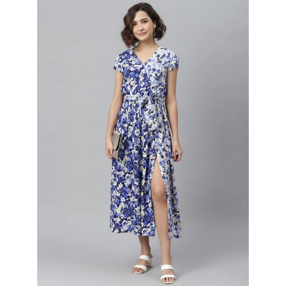 Generic Women's Polyester Floral V-Neck Short Sleeve Dress (Purple-White) Generic Women's Polyester Floral V-Neck Short Sleeve Dress (Purple-White)