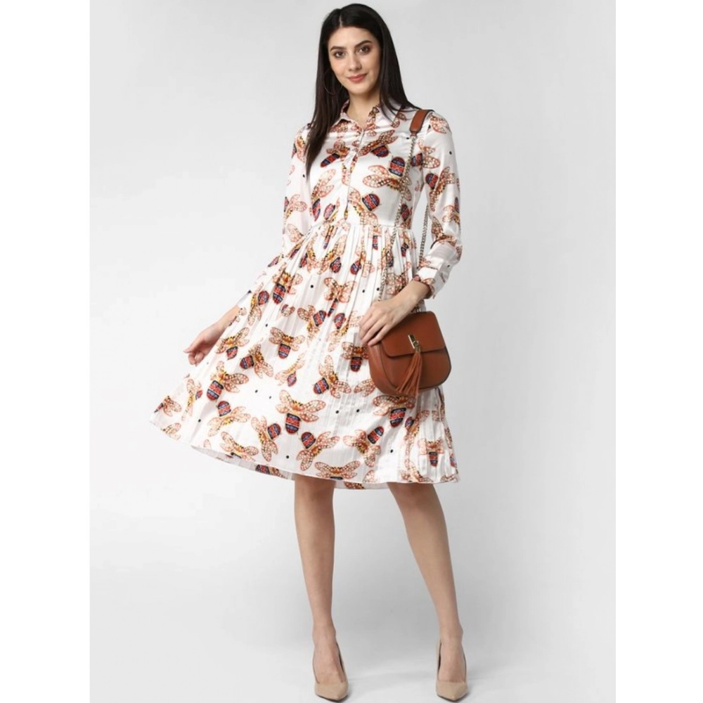 Generic Women's Polyester Pleated Collar Neck Long Sleeves Dress (White) Generic Women's Polyester Pleated Collar Neck Long Sleeves Dress (White)