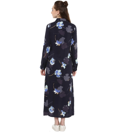 Generic Women's Rayon Floral Collar Neck Long Sleeves Dress (Blue)
