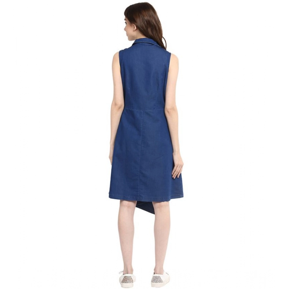 Generic Women's Denim Solid Collar Neck Sleeveless Dress (Blue) Generic Women's Denim Solid Collar Neck Sleeveless Dress (Blue)