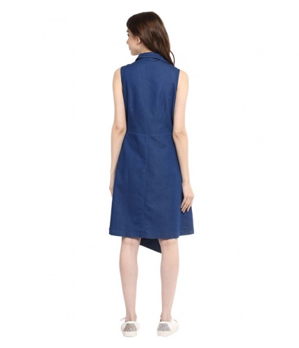Generic Women's Denim Solid Collar Neck Sleeveless Dress (Blue)