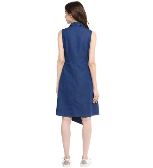 Generic Women's Denim Solid Collar Neck Sleeveless Dress (Blue)