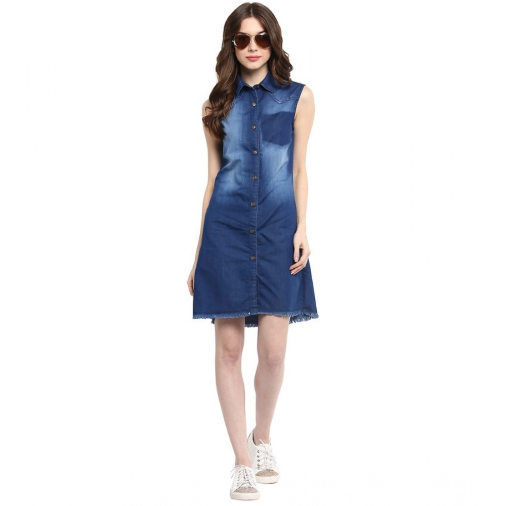 Generic Women's Denim Solid Collar Neck Sleeveless Dress (Blue) Generic Women's Denim Solid Collar Neck Sleeveless Dress (Blue)