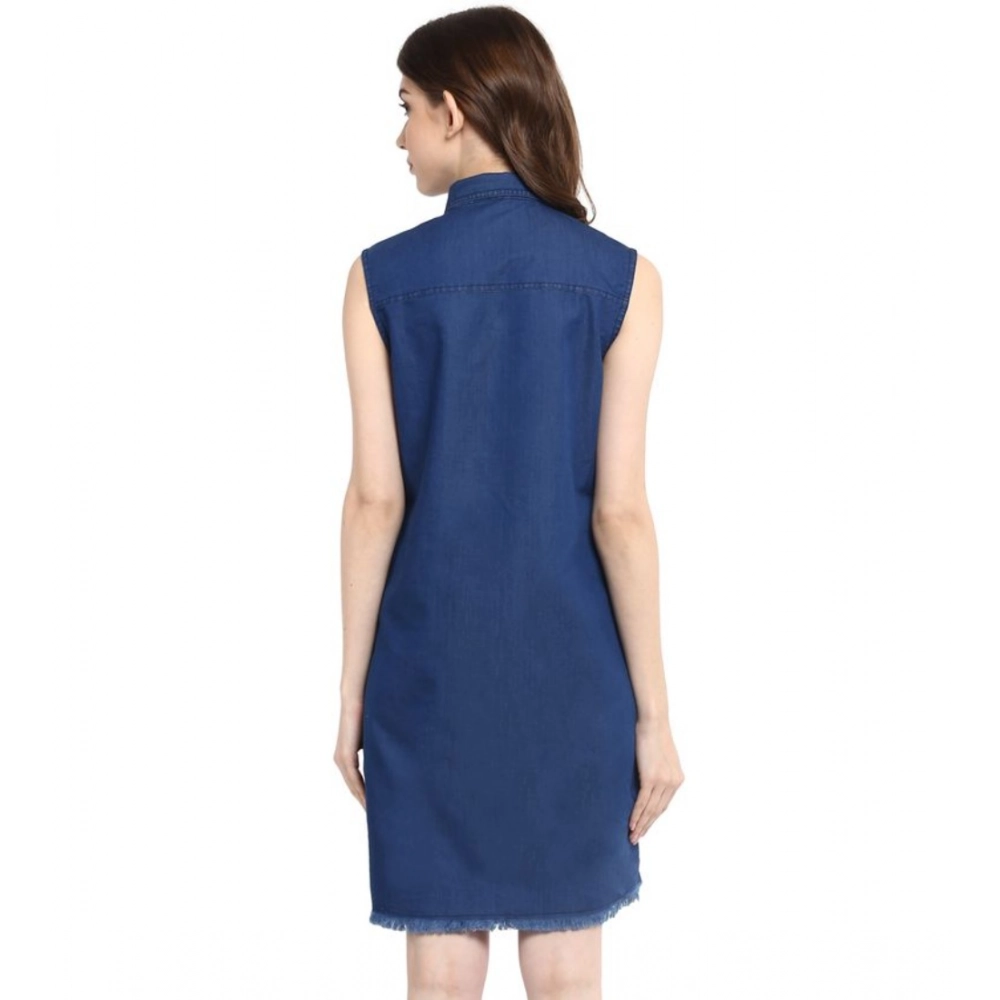 Generic Women's Denim Solid Collar Neck Sleeveless Dress (Blue) Generic Women's Denim Solid Collar Neck Sleeveless Dress (Blue)
