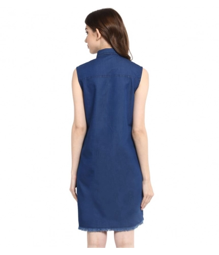 Generic Women's Denim Solid Collar Neck Sleeveless Dress (Blue)