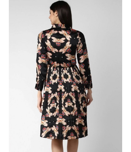 Generic Women's Polyester Pleated Collar Neck Long Sleeves Dress (Black)