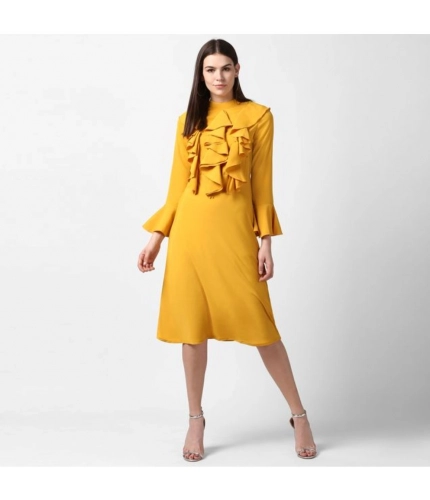 Generic Women's Polyester Ruffled Close Neck Long Sleeves Dress (Yellow)