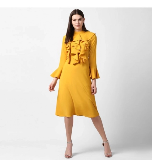 Generic Women's Polyester Ruffled Close Neck Long Sleeves Dress (Yellow)