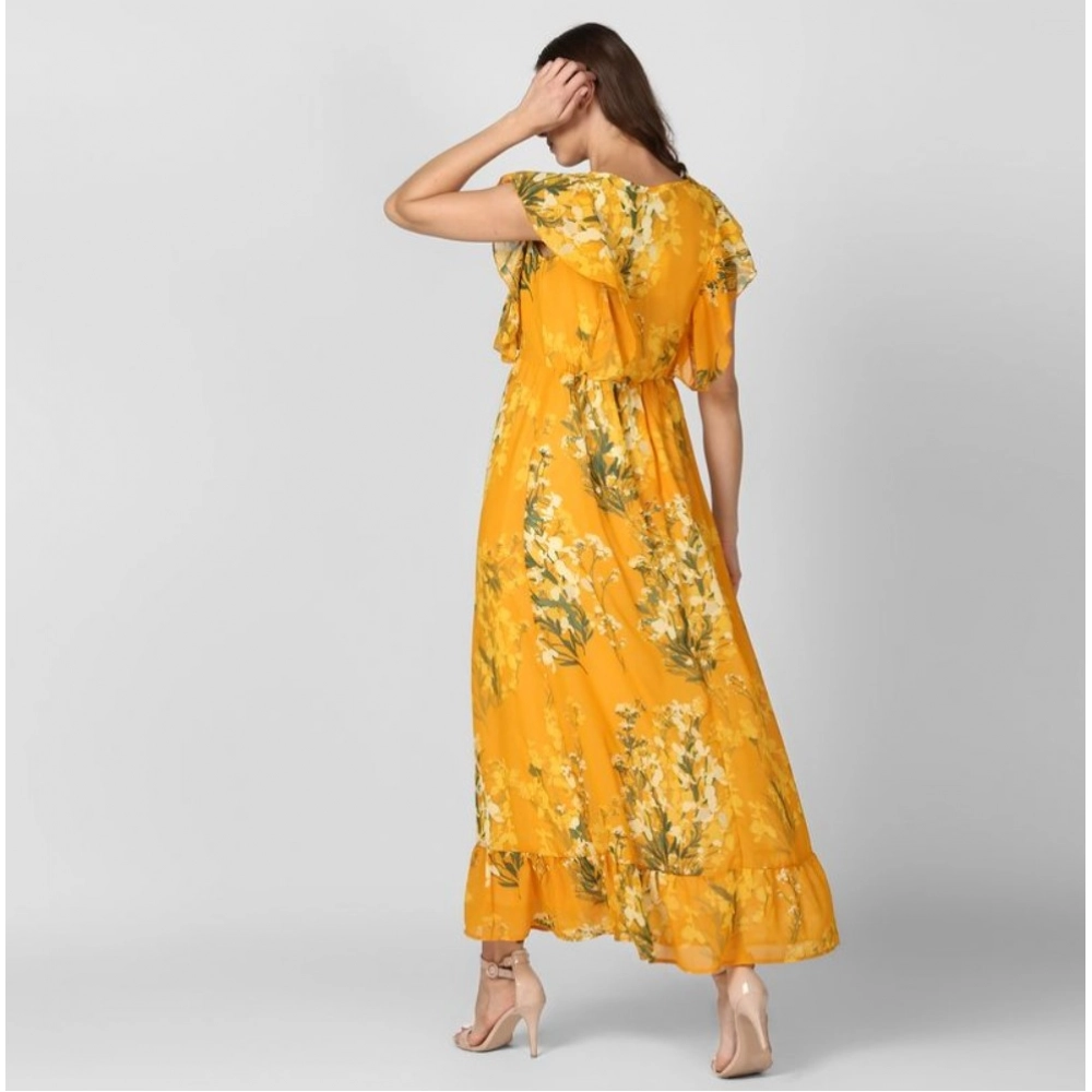 Generic Women's Polyester Floral Round Neck Butterfly Sleeve Dress (Yellow) Generic Women's Polyester Floral Round Neck Butterfly Sleeve Dress (Yellow)