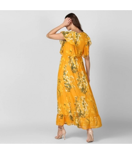 Generic Women's Polyester Floral Round Neck Butterfly Sleeve Dress (Yellow)