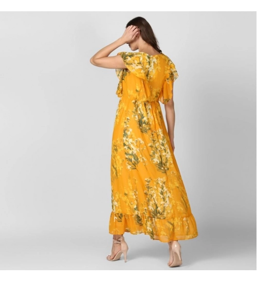 Generic Women's Polyester Floral Round Neck Butterfly Sleeve Dress (Yellow)