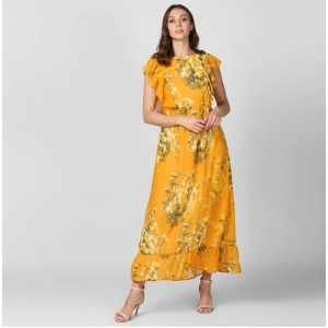 Generic Women's Polyester Floral Round Neck Butterfly Sleeve Dress (Yellow)