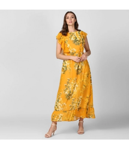 Generic Women's Polyester Floral Round Neck Butterfly Sleeve Dress (Yellow)