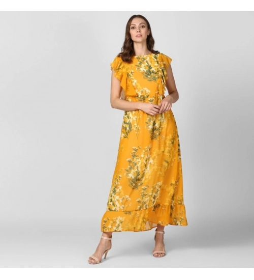Generic Women's Polyester Floral Round Neck Butterfly Sleeve Dress (Yellow)