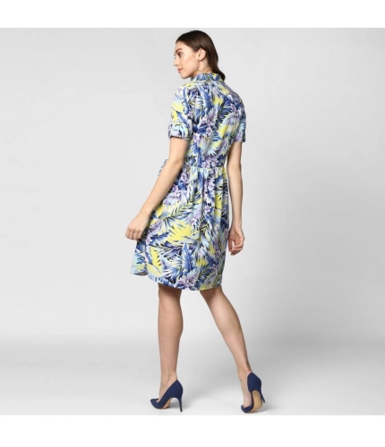 Generic Women's Polyester Floral Collar Neck Short Sleeve Dress (Blue-Yellow)