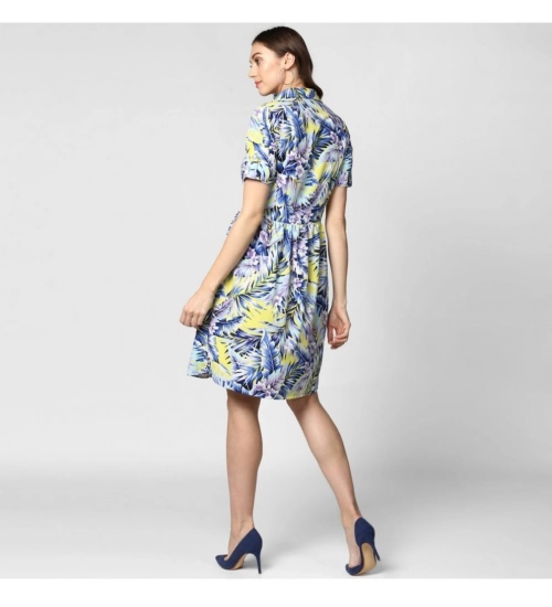 Generic Women's Polyester Floral Collar Neck Short Sleeve Dress (Blue-Yellow)
