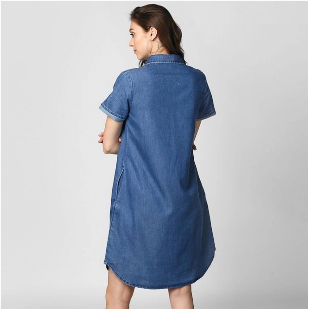 Generic Women's Denim Solid Collar Neck Short Sleeve Dress (Blue) Generic Women's Denim Solid Collar Neck Short Sleeve Dress (Blue)