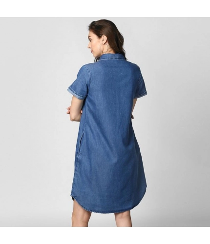 Generic Women's Denim Solid Collar Neck Short Sleeve Dress (Blue) Generic Women's Denim Solid Collar Neck Short Sleeve Dress (Blue)