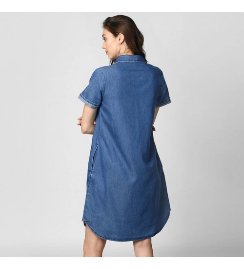 Generic Women's Denim Solid Collar Neck Short Sleeve Dress (Blue)