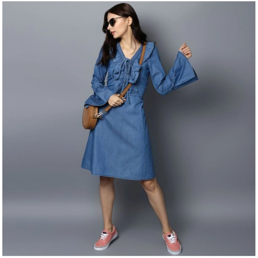 Generic Women's Denim Solid V-Neck Bell Sleeve Dress (Blue) Generic Women's Denim Solid V-Neck Bell Sleeve Dress (Blue)