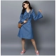 Generic Women's Denim Solid V-Neck Bell Sleeve Dress (Blue) Generic Women's Denim Solid V-Neck Bell Sleeve Dress (Blue)