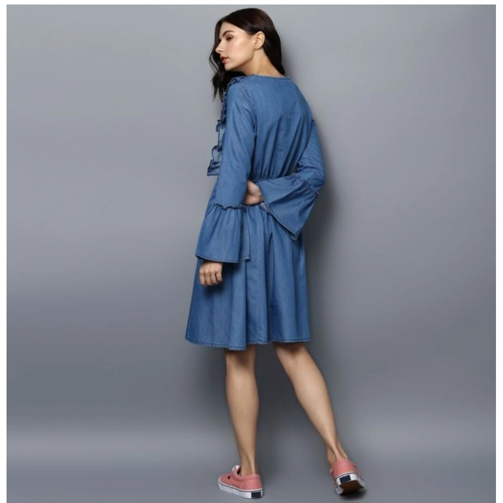 Generic Women's Denim Solid V-Neck Bell Sleeve Dress (Blue) Generic Women's Denim Solid V-Neck Bell Sleeve Dress (Blue)