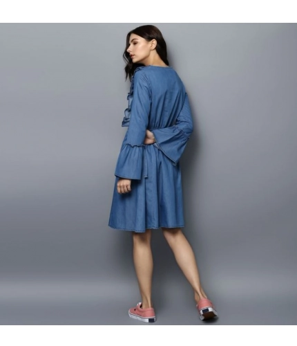 Generic Women's Denim Solid V-Neck Bell Sleeve Dress (Blue) Generic Women's Denim Solid V-Neck Bell Sleeve Dress (Blue)