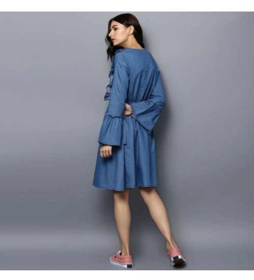 Generic Women's Denim Solid V-Neck Bell Sleeve Dress (Blue)