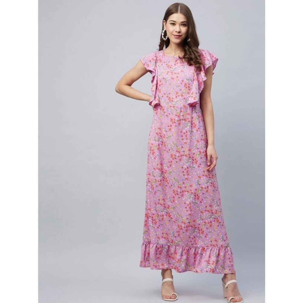 Generic Women's Polyester Floral Round Neck Flutter Dress (Lavender) Generic Women's Polyester Floral Round Neck Flutter Dress (Lavender)