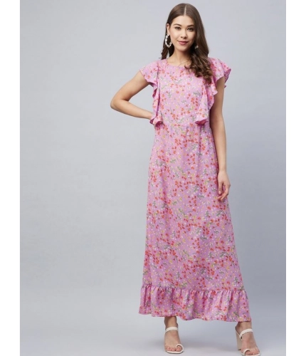 Generic Women's Polyester Floral Round Neck Flutter Dress (Lavender)
