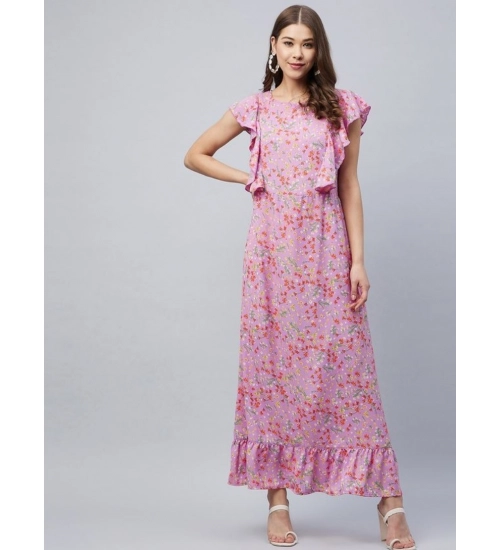 Generic Women's Polyester Floral Round Neck Flutter Dress (Lavender)