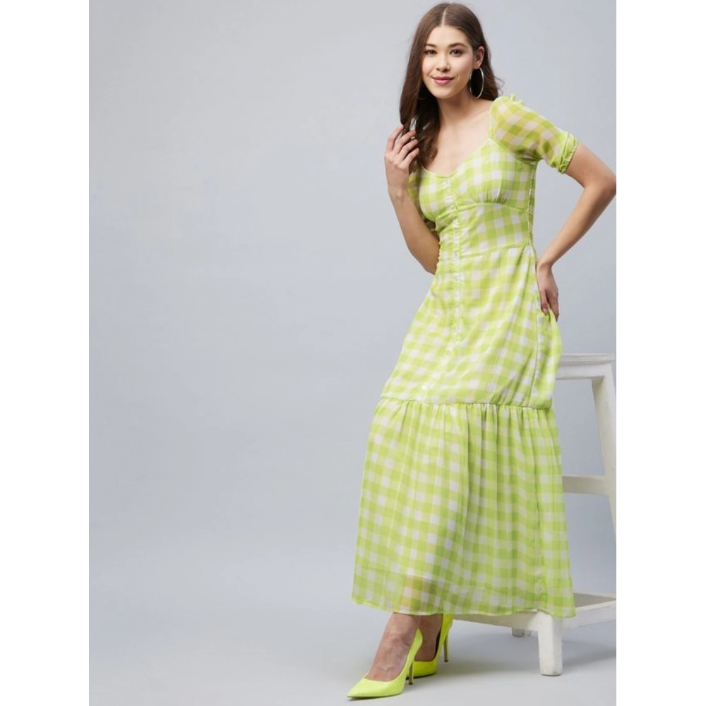 Generic Women's Polyester-Cotton Blend Checkered Square Neck Half Sleeve Dress (Lime Green) Generic Women's Polyester-Cotton Blend Checkered Square Neck Half Sleeve Dress (Lime Green)