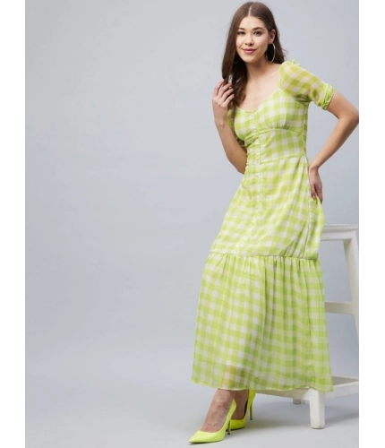 Generic Women's Polyester-Cotton Blend Checkered Square Neck Half Sleeve Dress (Lime Green) Generic Women's Polyester-Cotton Blend Checkered Square Neck Half Sleeve Dress (Lime Green)